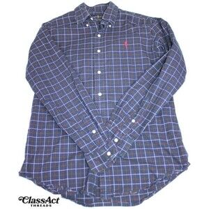 Ralph Lauren Men's Custom Fit Long Sleeve Button Down Flannel Blue Plaid Shirt M